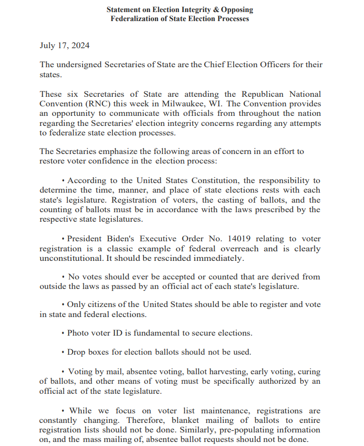 Statement on Election Integrity & Opposing Federalization of State Election Process