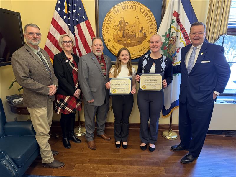 State Senator Darren Thorne, Delegate Lisa White, Delegate Michael Hite, HSOS Student Julianne Haderer, HSOS Student Caitlin Hall, and WV Secretary of State Kris Warner