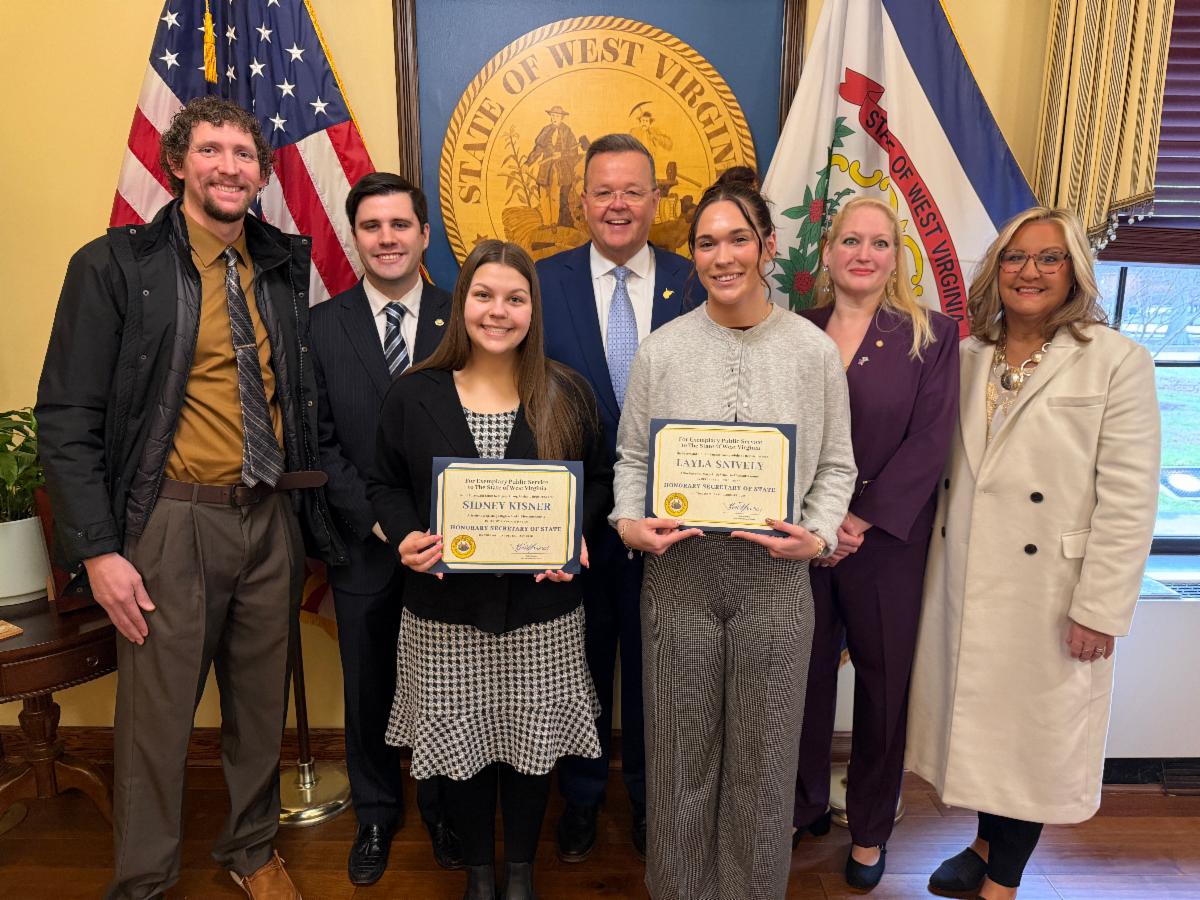 HSOS Sidney Kisner and HSOS Layla Snively. (Back Row Left to Right) SMHS Civics Teacher Cameron Lancaster, Senator Trenton Barnhart, WV Secretary of State Kris Warner, Delegate Betsy Kelly, and SMHS Principal Lori Barnhart.