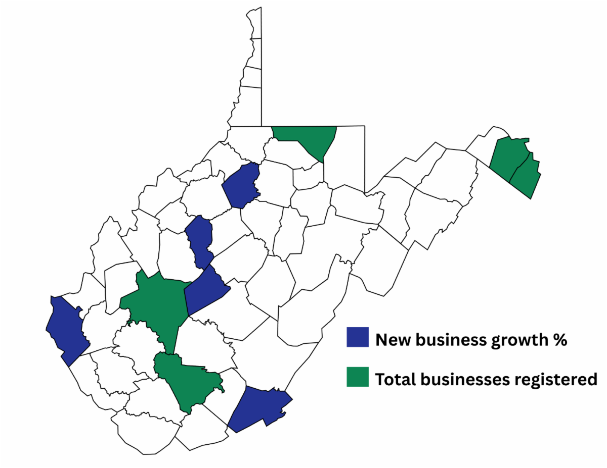 WV County Map showing new business growth and total businesses registered