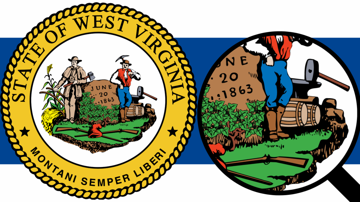 West Virginia State Seal with magnified view of the wooden barrels at the miner's feet