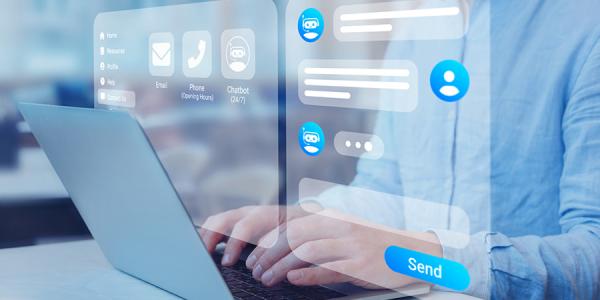 Person using computer with overlayed chat and contact icons